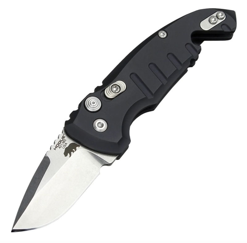 Hogue HOGK24120 A01-Microswitch Automatic Folder Tumbled Drop Point Blade with Matte Black Aluminum Frame