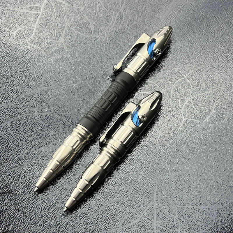 Heretic Knives H038-Ti/Alum Thoth Full Size-Pen Standard Stonewash Ti Cap/Tail/Clip with Black ANO Aluminum Barrel/ Blue Ti Bolt