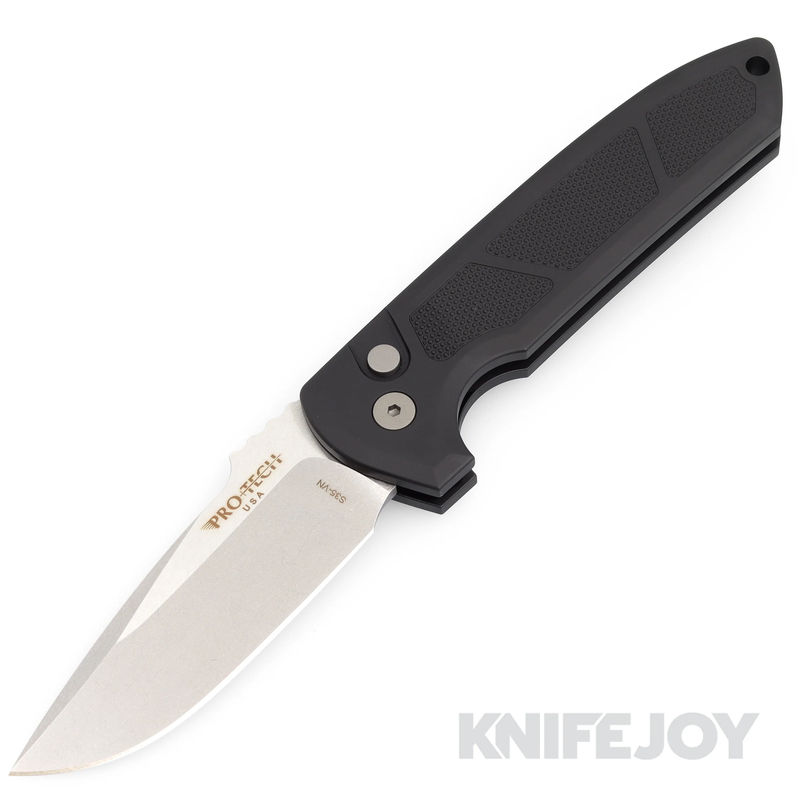 Pro-tech Knives LG305 Rockeye Auto Plain Edge Stonewash CPM S35VN Clip Point Blade with Knurling Textured Black Aluminum Handles