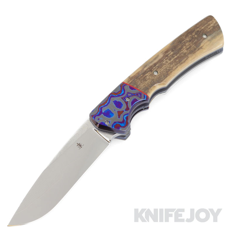 Jason Clark Custom Knives Model #21 Liner Lock Flipper Vegas Core Blade with Black Timascus Bolsters/ Mammoth Ivory Scales and Black Timascus Clip