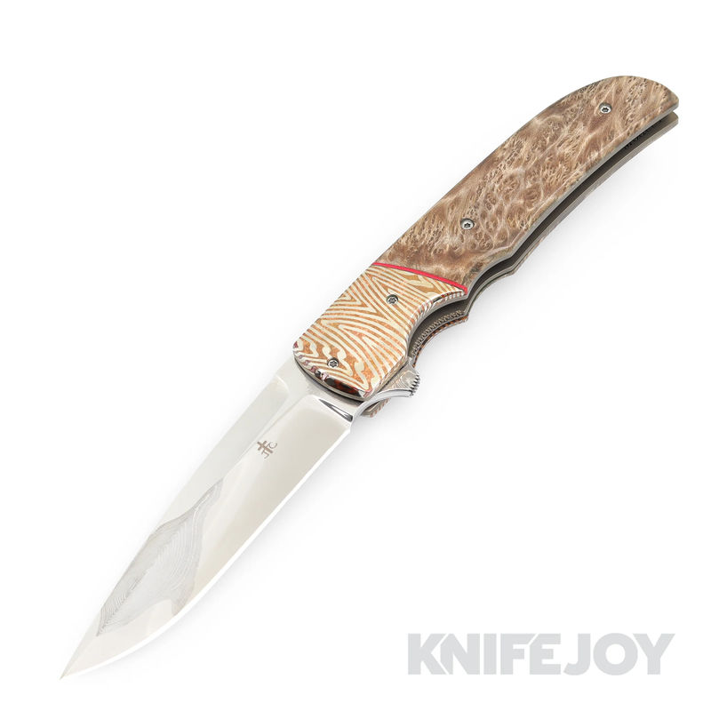 Jason Clark Custom Knives Model #1 Liner Lock XHP Core Blade with Asian Satin Burl Scales/ Mokwave Bolster/ Anodized Titanium Liner