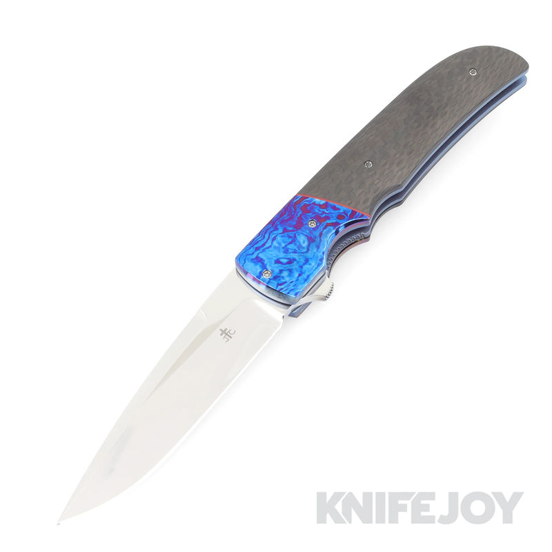 Jason Clark Custom Knives Model #1 Liner Lock RWL 34 Blade with Carbon Fiber Scales/ Timascus Bolster and Clip/ Blue Anodized Titanium Liner
