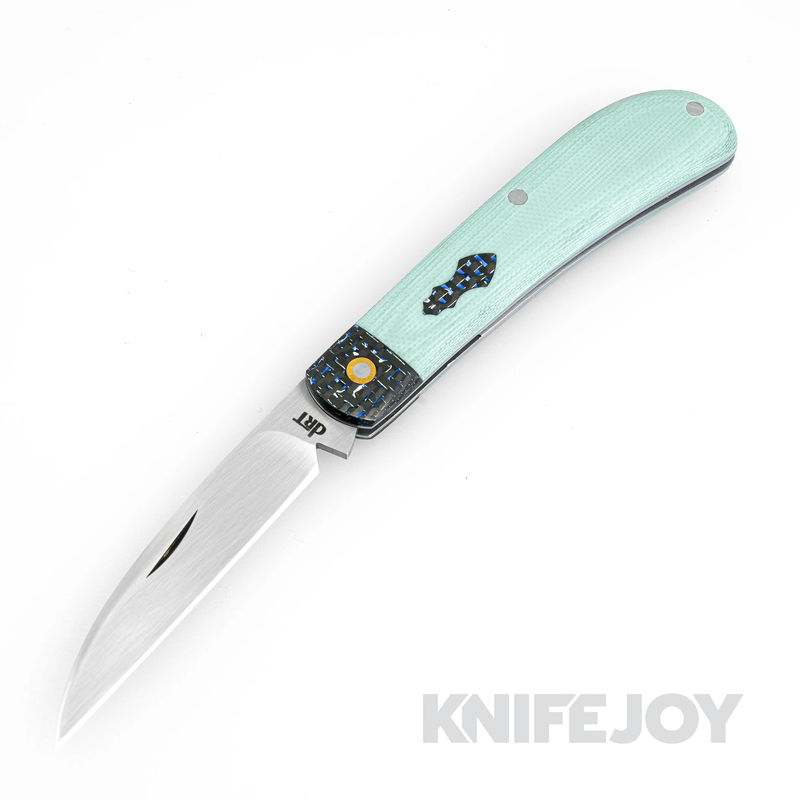 DRT Taber Knives Custom W. Trapper SlipJoint Satin Blade with  Tiffany Blue Micarta Handles/ Blue Twill Carbon Fiber Bolster and Shield