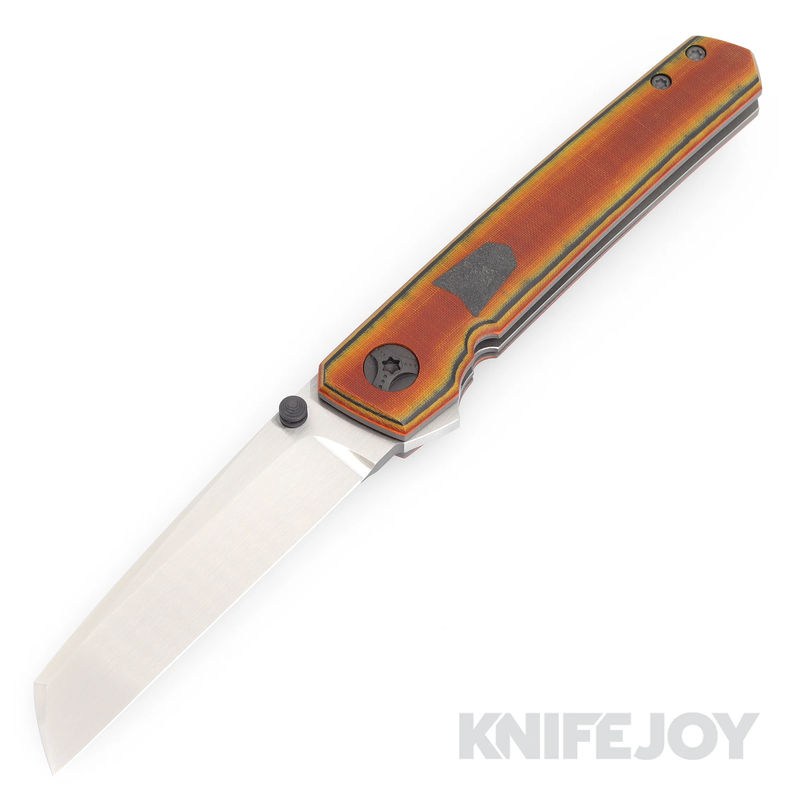 J. Oeser Custom Knives Hawk Flipper TS Knife Nitro V Blade with Black Line Westinghouse Over Orange/ Gray Handles