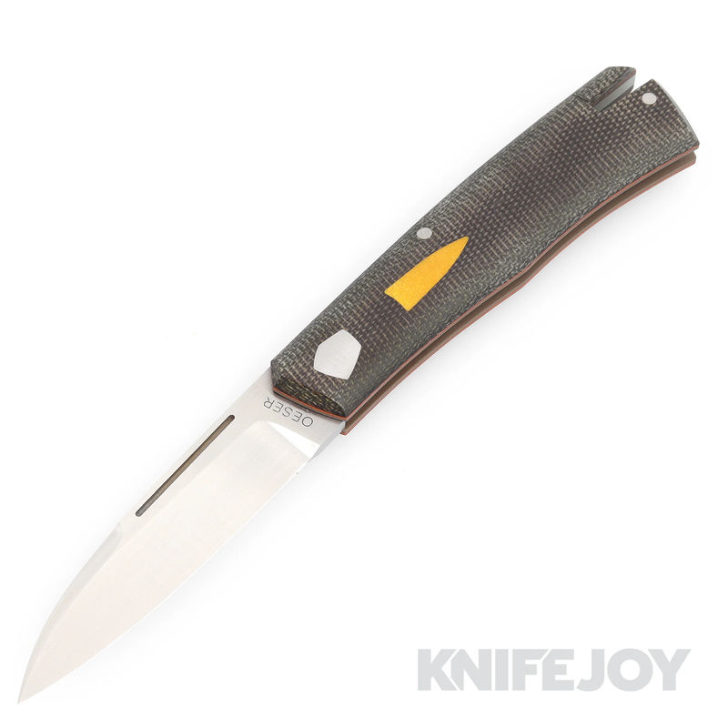 J. Oeser Custom Knives Solitude Tail Lock SlipJoint Knife Nitro V Blade with Green Westinghouse Over Orange/ Brown Handles