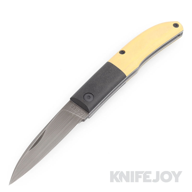 J. Oeser Custom Knives City Knife Nitro V Blade with Black Richlite/ Antique Linear Paper Micarta Handles/ Black Titanium Hardware and Clip