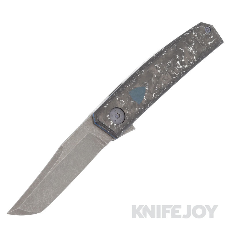 J. Oeser Custom Knives Tengu Knife Nitro V Blade with Marble CamoCarbon Over Blue/ Gray Handles/ Matte Blue Ti Hardware/ Blue Westinghouse Shield
