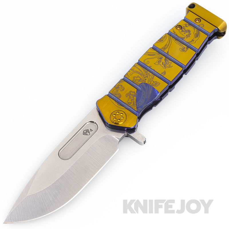 Medford Knives USMC FF S45VN Tumbled Blade with Blue w/ Bronze Flats Deep Cut Laurel Leaf Filigree Handles/ Bronze Hardware and Blue w/Brz Flats Clip