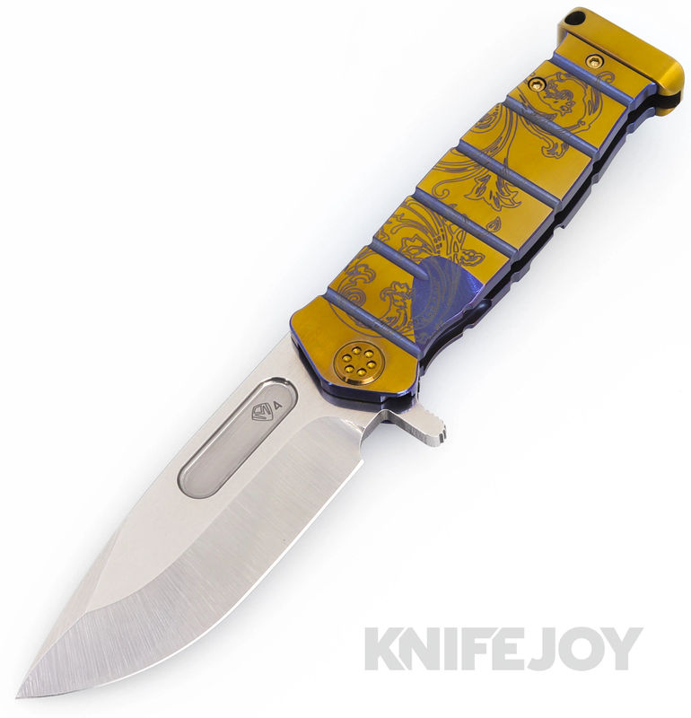 Medford Knives USMC FF S45VN Tumbled Blade with Blue w/ Bronze Flats Deep Cut Laurel Leaf Filigree Handles/ Bronze Hardware and Blue w/Brz Flats Clip