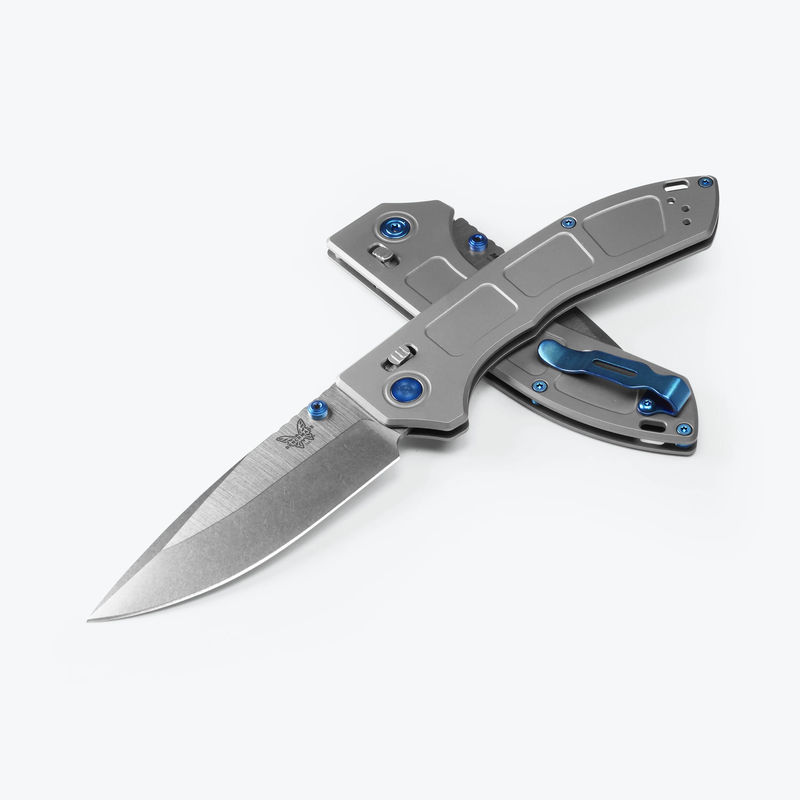 Benchmade 748 Narrows Axis Lock Knife M390 Satin Drop Point Plain Blade with Gray Titanium Handles/ Blue Accents