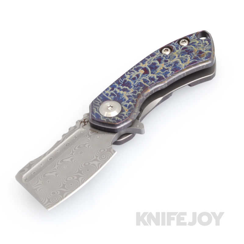 Kansept Knives K3030D1 Mini Korvid Liner Lock Damascus Blade with Lightning Strike Anodized Titanium Handles