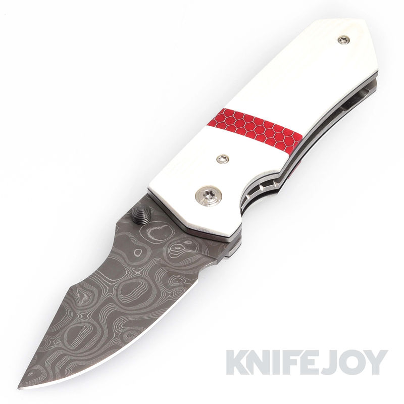 K.C. Gray Knives Custom Squeegee Nichols Damascus Blackout Blade with White G10/ Red C-Tek Stripe Scales
