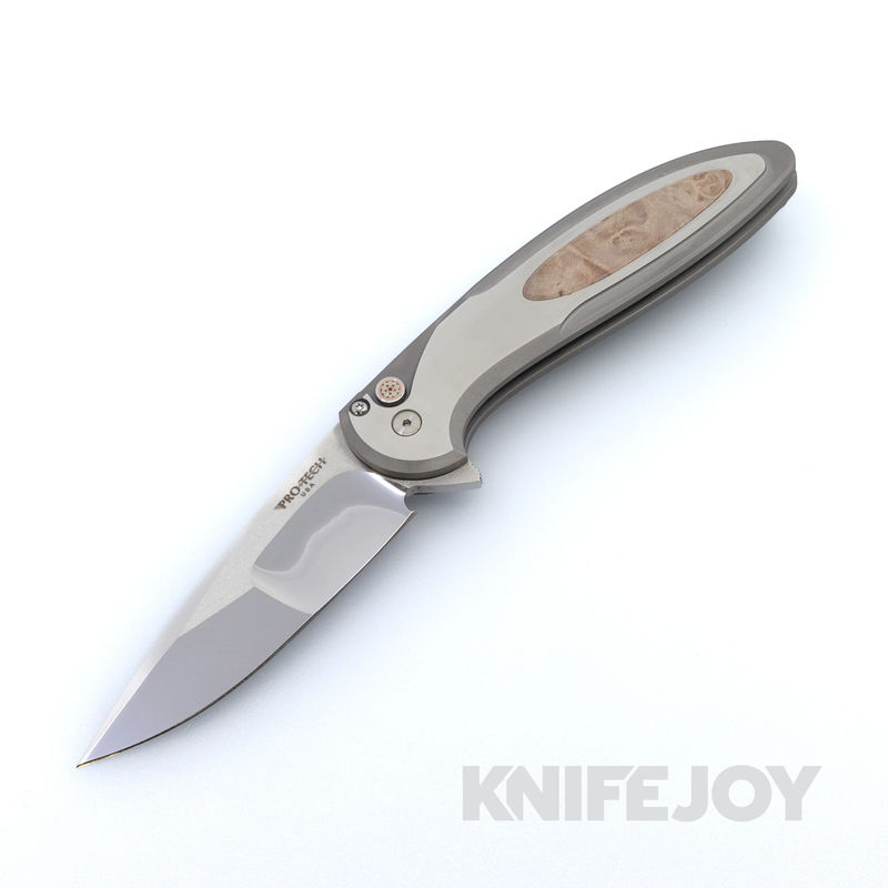 Pro-Tech Knives Cambria Custom 001 Flipper with Mike Irie Compound Hand-Ground Blade and Two-Tone Steel Handles with Maple Burl Inlay