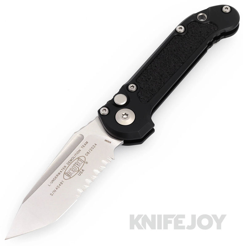MICROTECH 1136-11 Auto L.U.D.T. GEN III Auto Tanto Edge Stonewash Partially Serrated Blade with Black Aluminum Handles