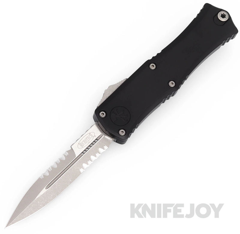 MICROTECH 1701M-11AP Mini Hera Auto OTF Bayonet Apocalyptic Standard Partially Serrated Blade with Black Aluminum Handles/ Crud Kutter and Dual Fuel Drive Train