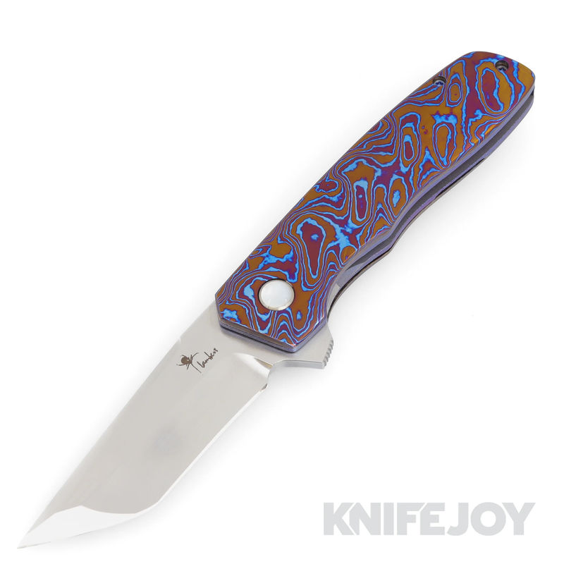 Kirby Lambert Custom Knives Seishin Folder Nitro V with 3 Alloy Mokuti Overlay Handles/ Anodized Hardware/ Pearl Inlay Pivot