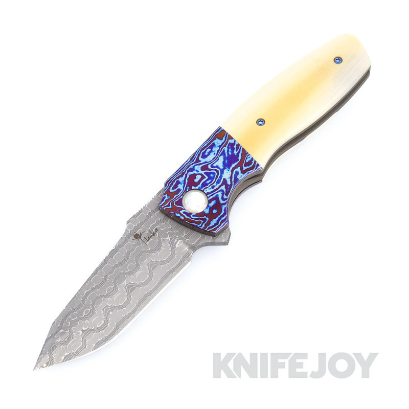 Kirby Lambert Custom Knives Ghost Folder Damacore Blade with Vintage Micarta Handles/ MokuTi Bolster and Clip/ Mother-of-Pearl Collars