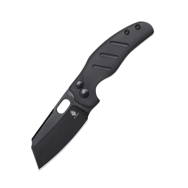 Kizer C01C Sheepdog Mini V3488BC2 Button Lock Knife Black 154CM Blade with Black Aluminum Handles