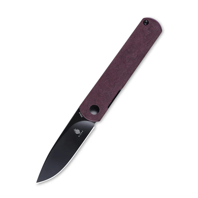 Kizer Feist Ki3499R3 Front Flipper Black Drop Point Blade with Red Richlite Handles