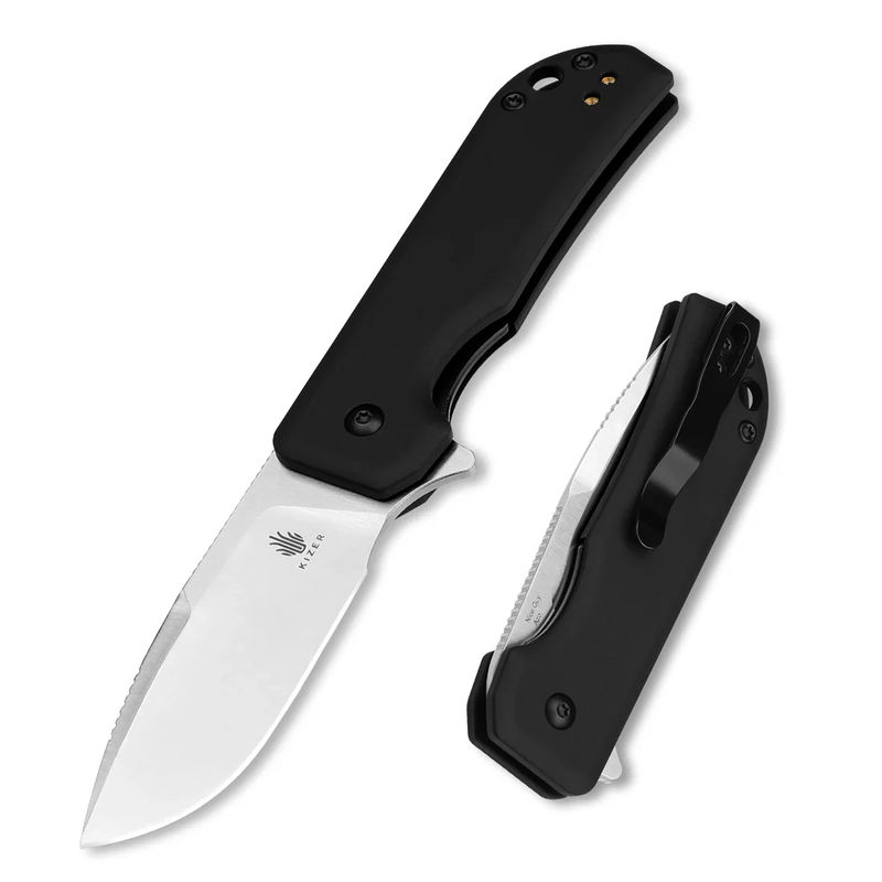 Kizer V3011A2 Vanguard Nice Guy Flipper Knife Stonewash Blade with Black Aluminum Handles