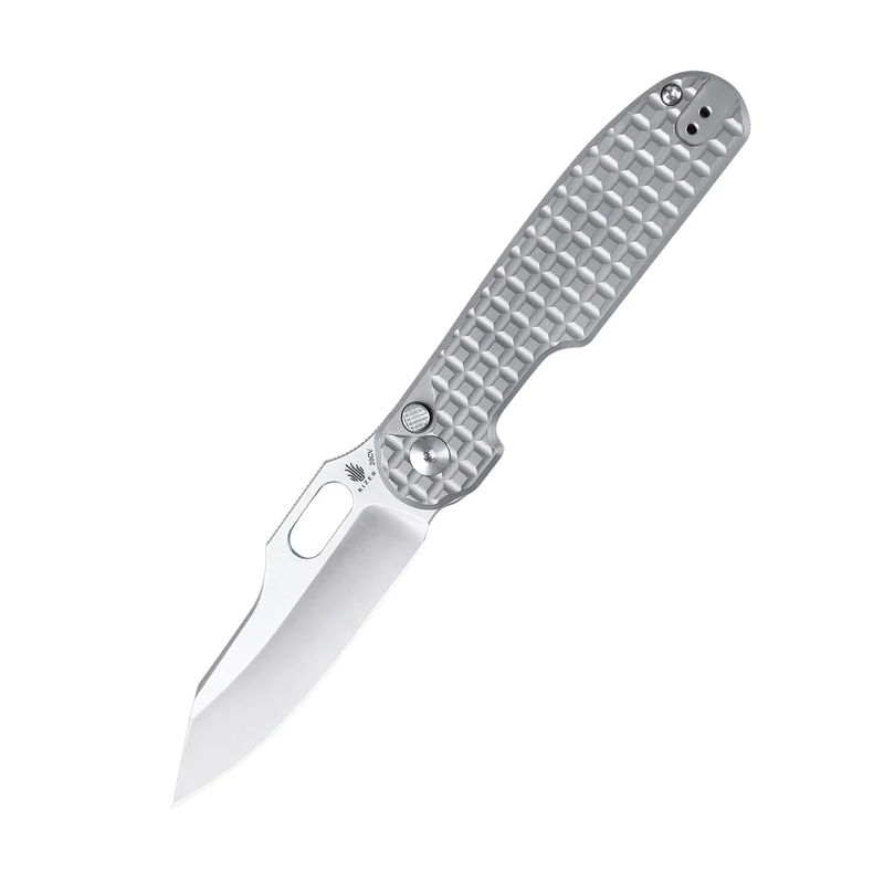 Kizer Ki4562A4 Cormorant Button Lock Knife Satin Blade with Gray Titanium Handles
