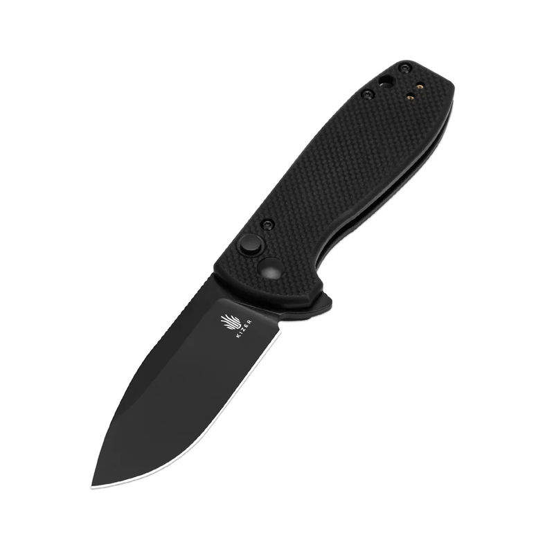 Kizer L3002A1 Amicus Button Lock Flipper Plain Black Blade with Black G10 Handles