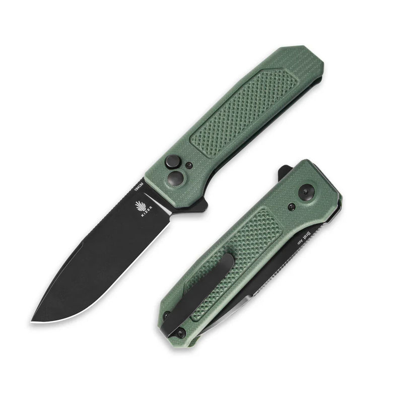 Kizer V3630C2 Vanguard Brat Button Lock Folder Plain Black Blade with Green G10 Handles