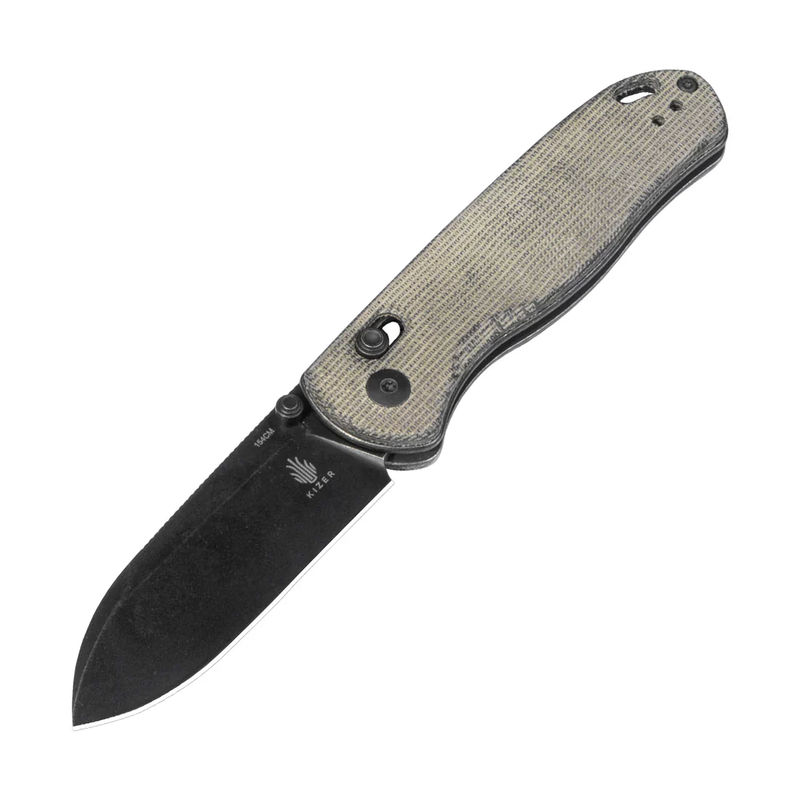 Kizer V3619C4 Vanguard Drop Bear Clutch Lock Folder Black Plain Blade with Green Micarta Handles
