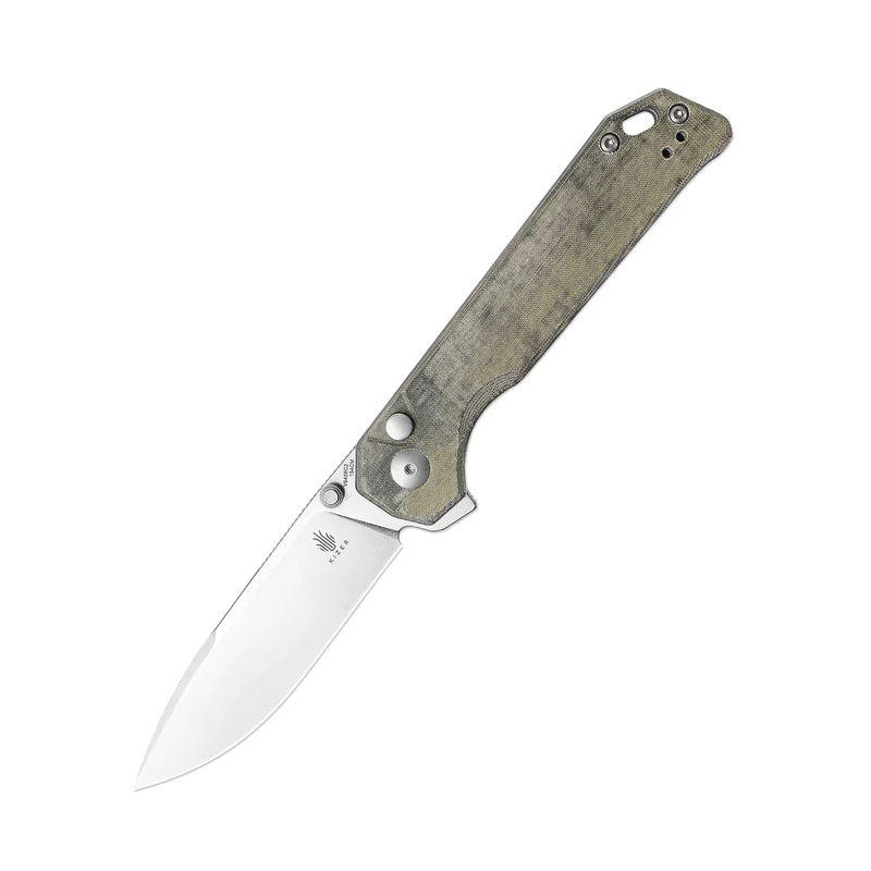 Kizer XL Begleiter V5458C2 Button Lock Folder Stonewash Drop Point Blade with Green Micarta Handles