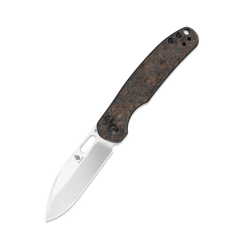 Kizer HIC-CUP Ki3606A1 Button Lock Knife S35VN Stonewash Blade with Dark Gold Carbon Fiber Handles