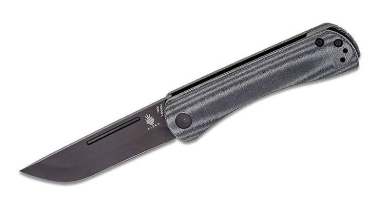 Kizer V3009N4 Vanguard Rolf Helbig Pinch Folder Black Blade Black Linen Micarta Handles