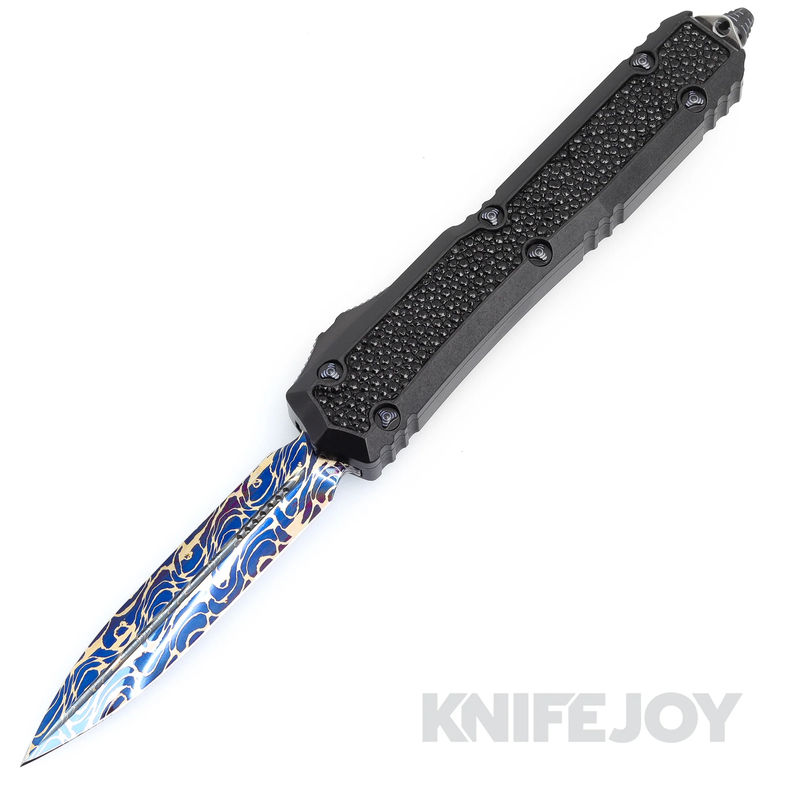 Marfione Custom Knives Makora Double Edge Blue Wasphead Pattern Vegas Forge Damascus Blade with Hefted Black Alloy/ Stingray Inlay/ Blue Ringed Titanium Hardware