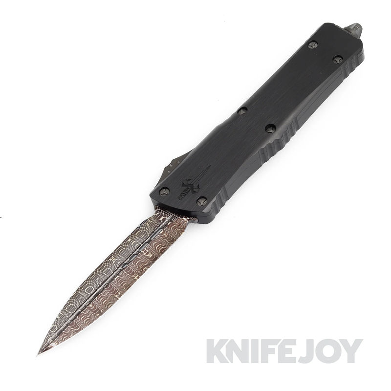 Marfione Custom Knives Combat Troodon-Double Edge Hot Blued Sharktooth Vegas Forge Damascus Blade/ Matching Pocket Clip with Hefted Black Alloy/ DLC Ringed Hardware