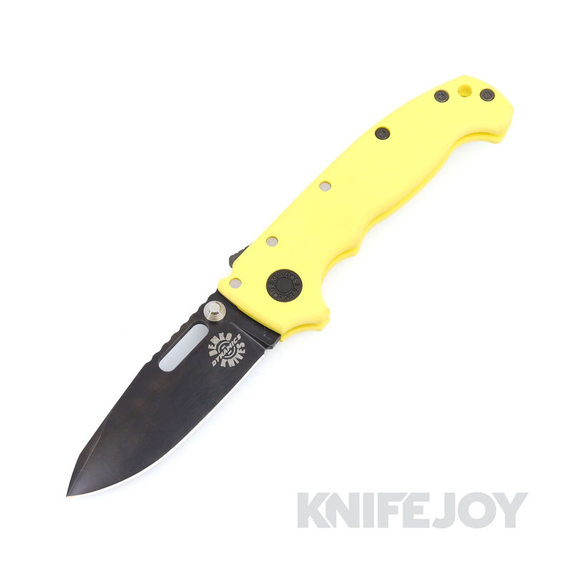 Demko Knives MGAD20S Spear Point DLC Magnacut Blade with Yellow Fine Textured G10 Handles