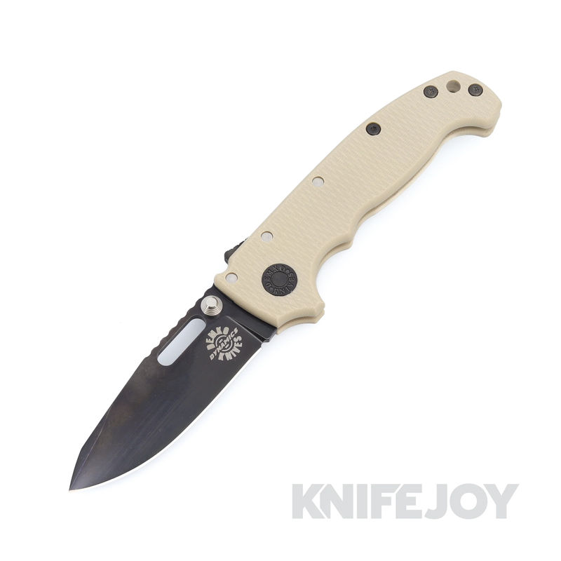 Demko Knives MGAD20S Spear Point DLC Magnacut Blade with Tan Machine Textured G10 Handles