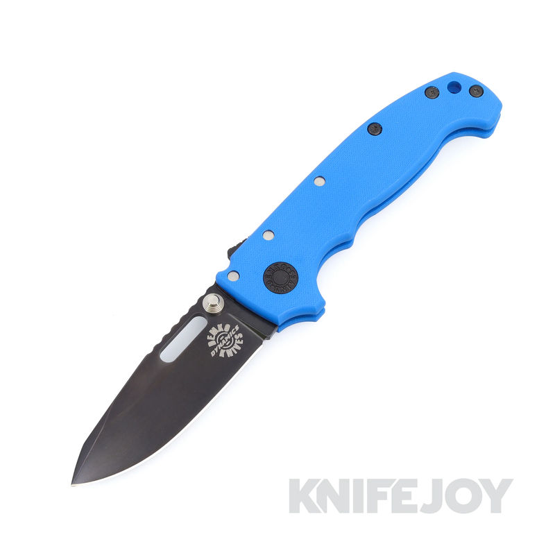 Demko Knives MGAD20S Spear Point DLC Magnacut Blade with Blue Fine Textured G10 Handles