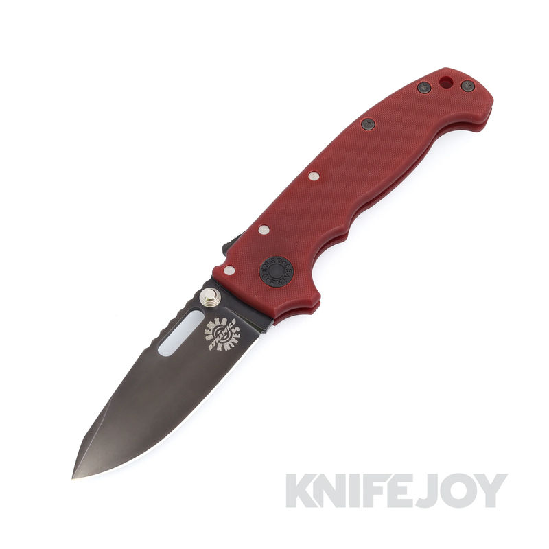 Demko Knives MGAD20S Spear Point DLC Magnacut Blade with Red Fine Textured G10 Handles