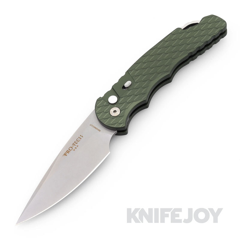 Pro-tech 2024 Bladeshow West TR-4 Green Feather Texture Handle, Steel Safety, Glass Breaker, Mother of Pearl Button, Stonewash Magnacut Blade, Wide Deep Carry Clip