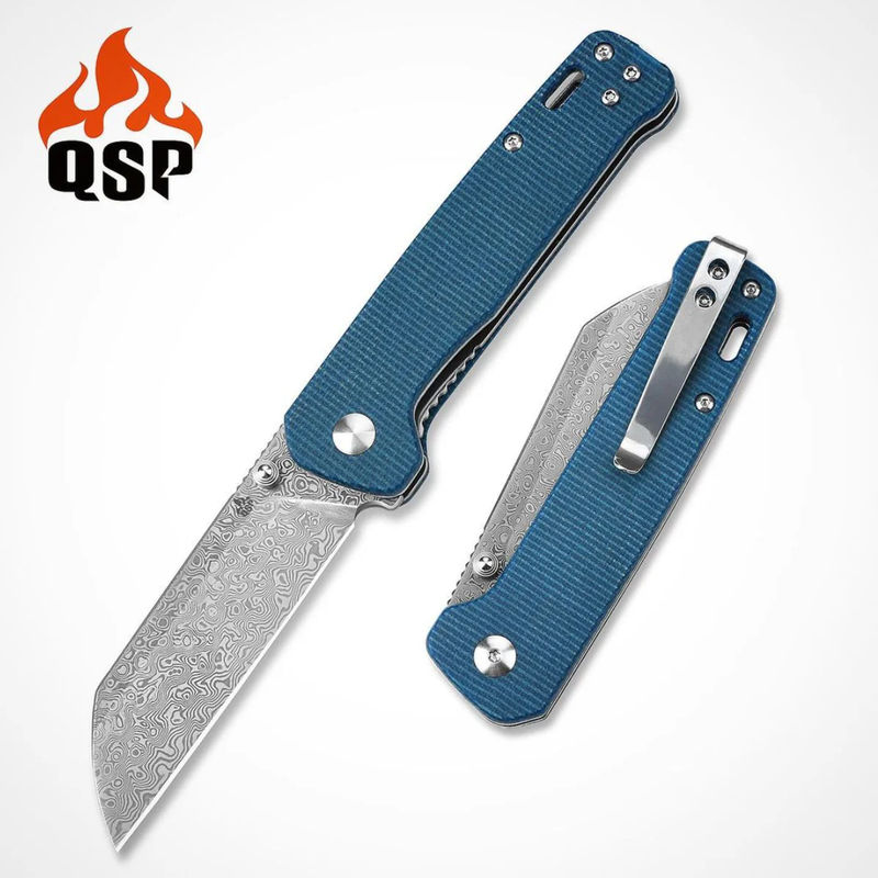 QSP Penguin QS130 Exclusive Blue Linen Micarta with Wave Pattern Damascus Steel Blade