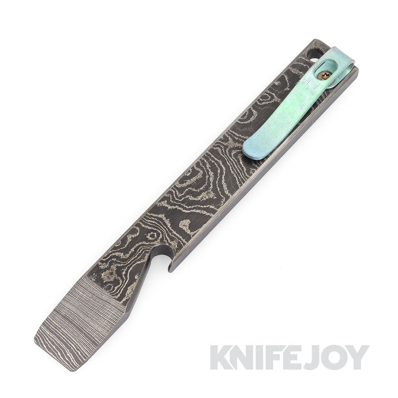 Maverick Customs 5.0" Heavy Damascus Pocket Pry Bar/ Bottle Opener with Green Ano Pocket Clip