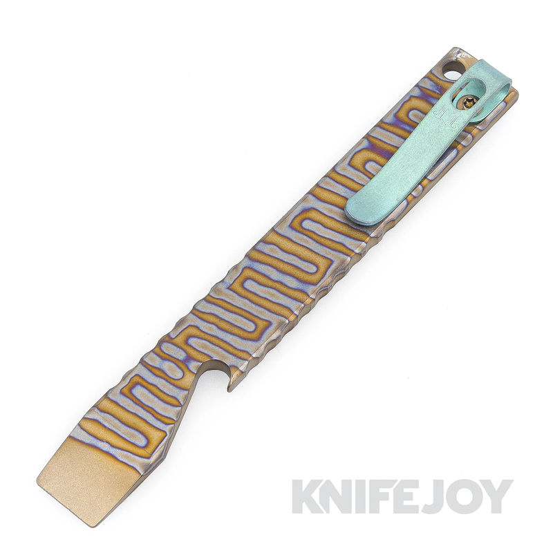 Maverick Customs 5.0" Flamed Titanium Pocket Pry Bar/ Bottle Opener with Green Ano Pocket Clip