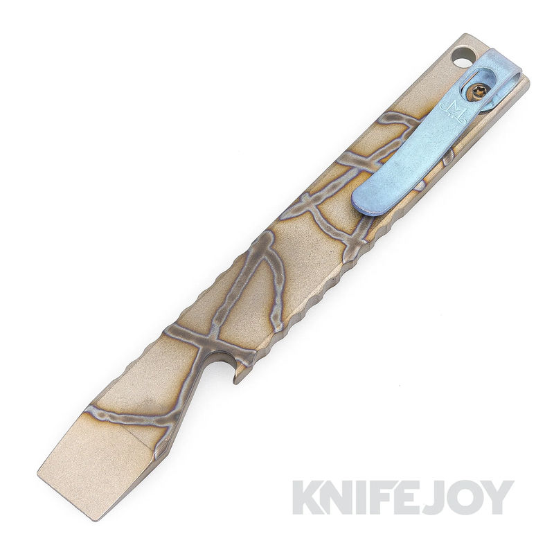 Maverick Customs 5.0" Anarchy Flamed Titanium Pocket Pry Bar/ Bottle Opener with Blue Ano Pocket Clip