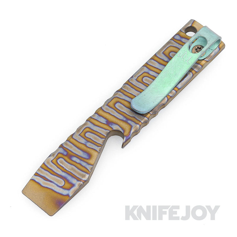 Maverick Customs 4.0"  Flamed Titanium Pocket Pry Bar/ Bottle Opener with Green Ano Pocket Clip