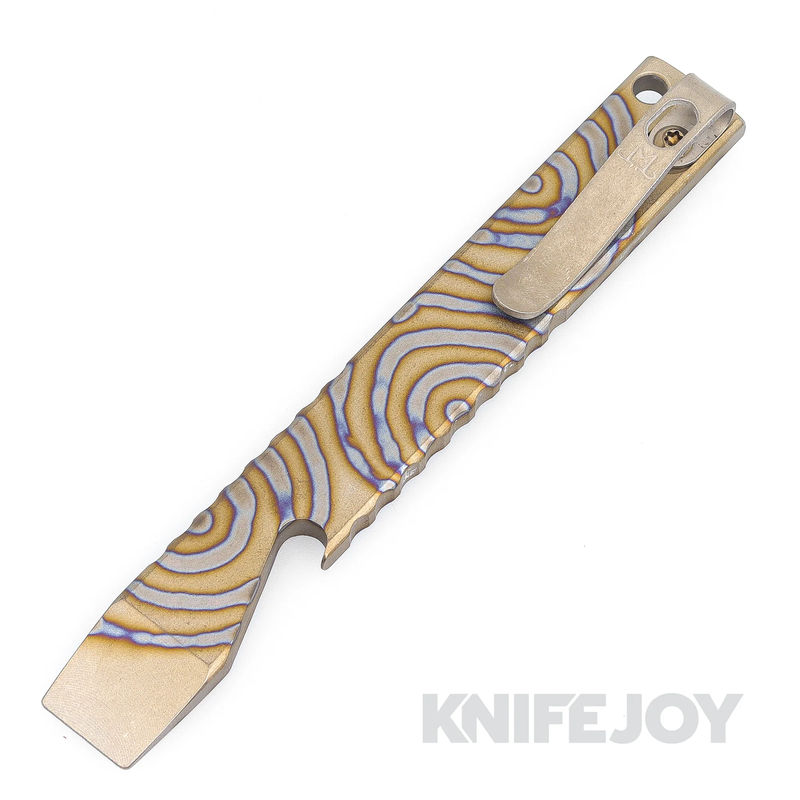 Maverick Customs 5.0" Spiral Flamed Titanium Pocket Pry Bar/ Bottle Opener with Bronze Ano Pocket Clip