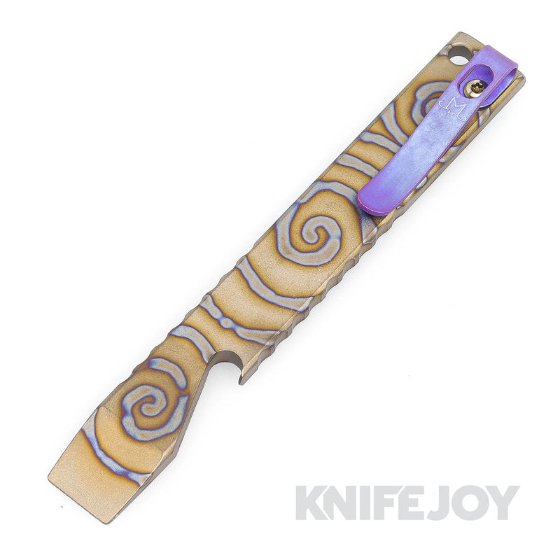 Maverick Customs 5.0" Spiral Flamed Titanium Pocket Pry Bar/ Bottle Opener with Purple Ano Pocket Clip