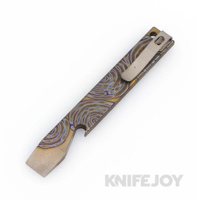 Maverick Customs 5" Flamed Spiral Pattern Titanium Pocket Pry Bar/ Bottle Opener with Pocket Clip