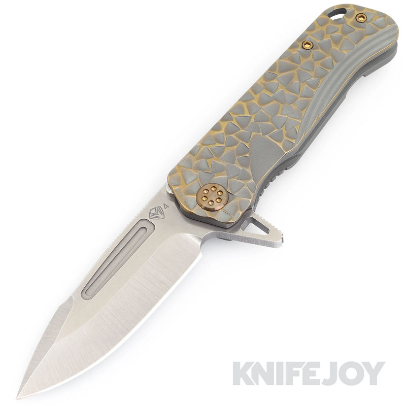 Medford Knives Proxima S45VN Tumbled Blade with BB/ Blue with Bronze Peaks & Valleys Handles/ Bronze Hardware and Clip