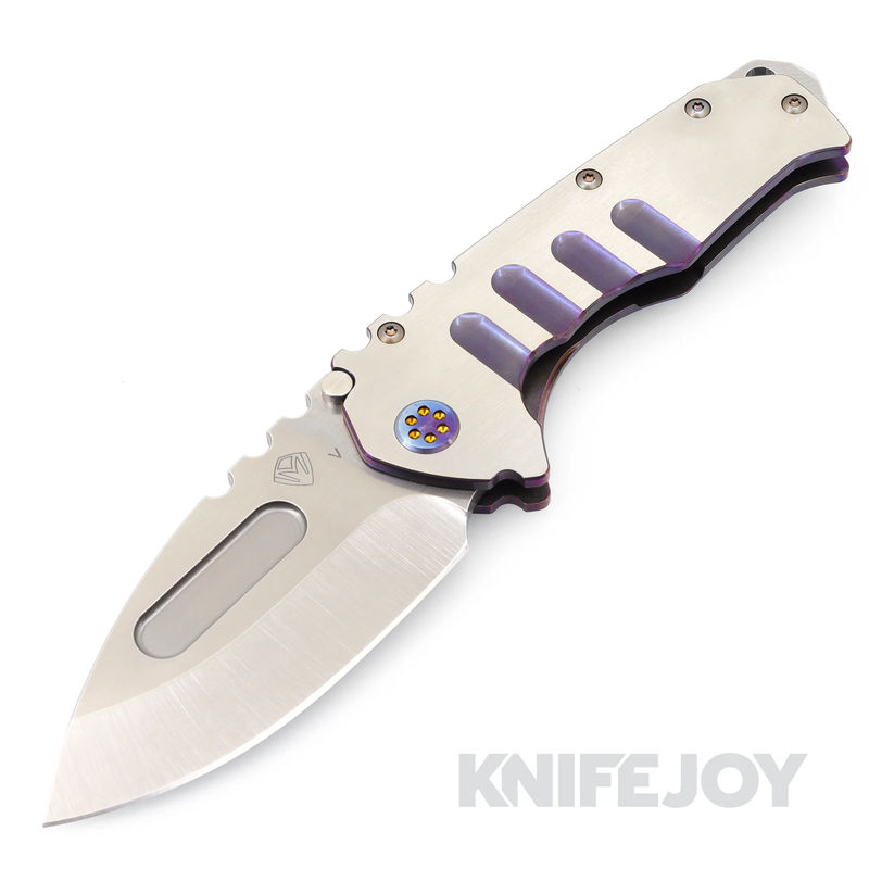 Medford Knives Praetorian "T" CPM 20CV Tumbled Drop Point Blade with Flamed/ Violet and Silver Flat Handles/  Flamed HW/ Violet Clip KJ Exclusive