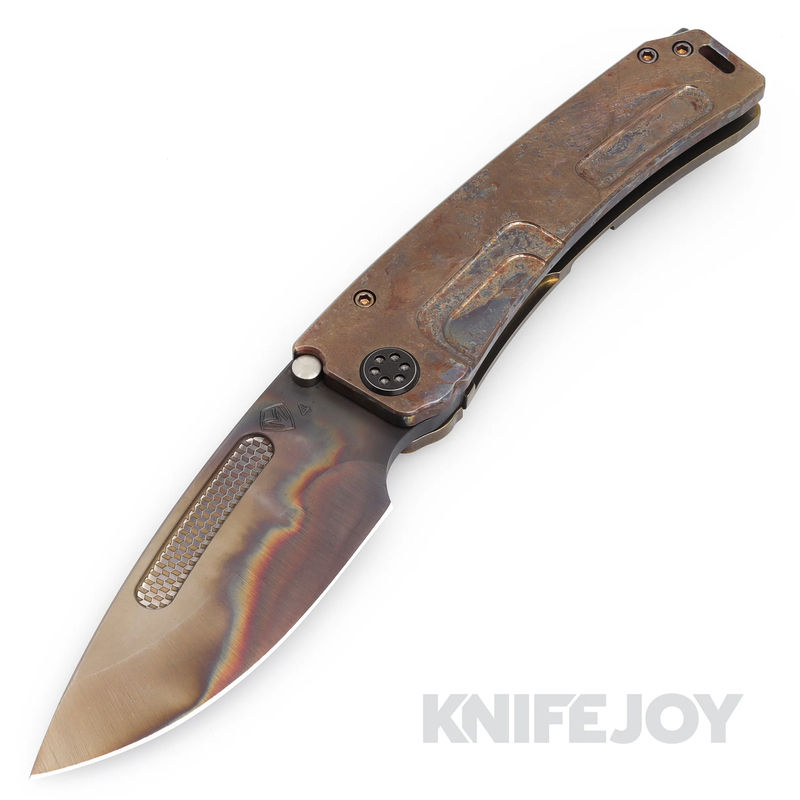 Medford Knives Marauder-H S45VN Vulcan "Checkered" Fuller Drop Point Blade with Scorched Earth Handles/ Old School Brz Spring/ Bronze Hardware and Clip/ Vulcan Breaker