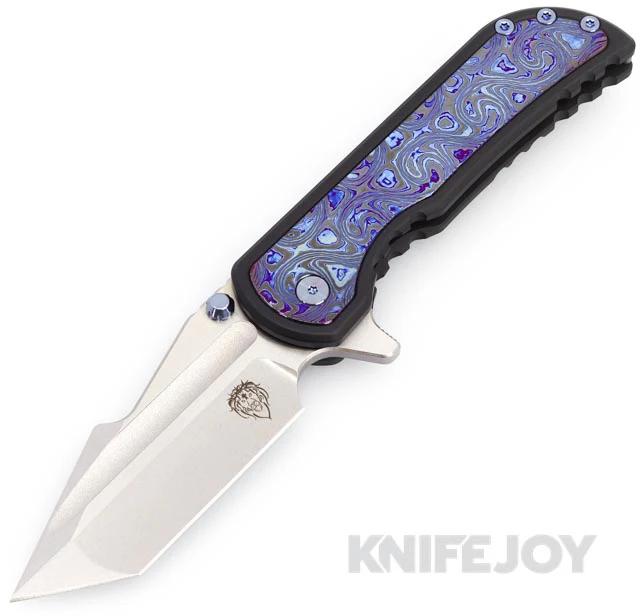 Mechforce Knives Alphahunter Collab Frame Lock Flipper Knife Compound Grind Stonewashed Blade with Timascus and Glass BB Black Titanium Handles